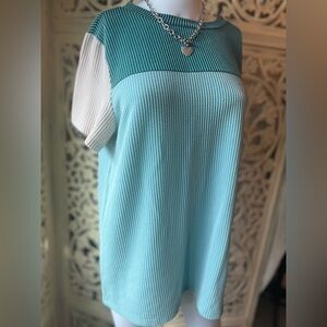 Elegant Teal and Cream Short Sleeve Top